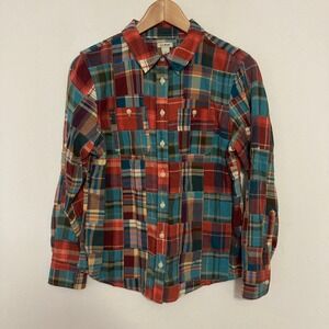 LL Bean Madras Patchwork Shirt Womens PS Cabin Colorful 100% Cotton Button Up